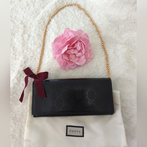 Gucci  Authentic Impreme Black Monogram Wallet With Gold Chain And Dust Bag - Picture 12 of 12